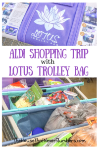 Aldi Shopping Trip with Lotus Trolley Bag - Lotus Trolley Bag makes holiday stocking up on groceries at Aldi a breeze. Check out our video demonstration of Lotus Trolley Bag. #lotustrolleybag #lotusbag #cartbags #cartorganizer #aldi #aldishopping #aldihacks #groceryshopping #mealplanning #holidaybaking