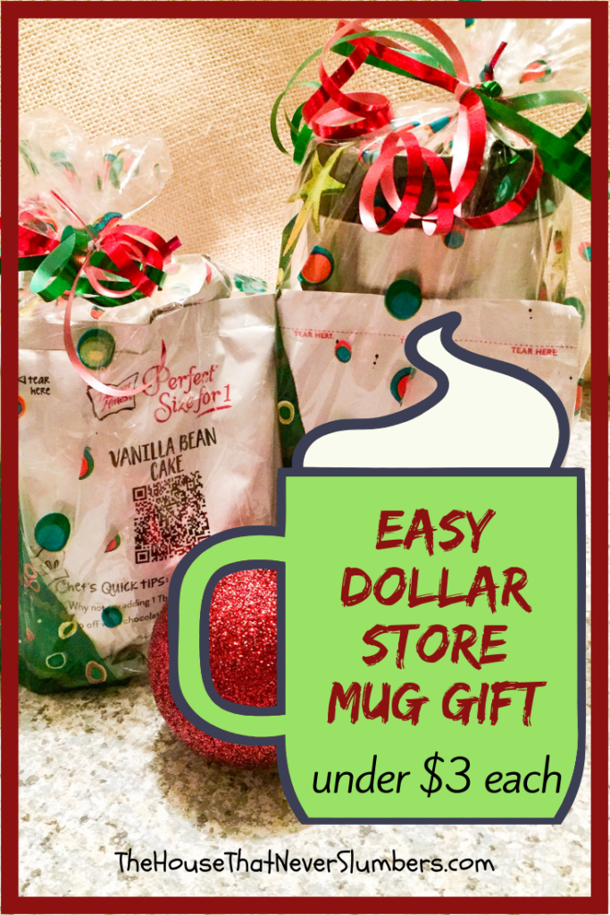 Easy Dollar Store Mug Gift - Make these cozy mug gifts for teachers, coaches, neighbors, and friends! Each one can be put together for under $3. #gifts #easygifts #frugalchristmas #giftsets #muggifts #inexpensivegifts #dollarstore #dollartree #christmas