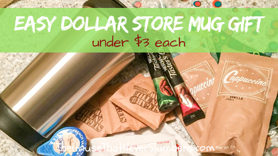Easy Dollar Store Mug Gift - Make these cozy mug gifts for teachers, coaches, neighbors, and friends! Each one can be put together for under $3. #gifts #easygifts #frugalchristmas #giftsets #muggifts #inexpensivegifts #dollarstore #dollartree #christmas