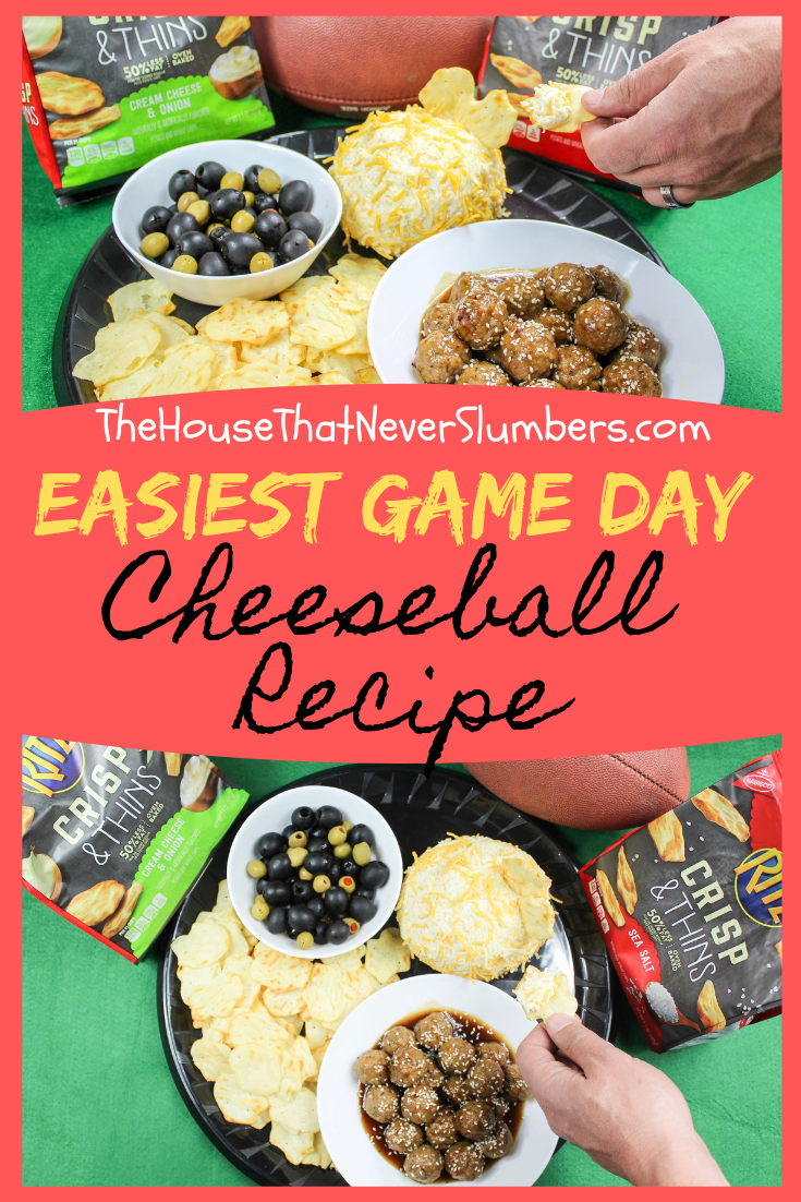 (ad) Easiest Game Day Cheeseball Recipe - You'll never believe this cheeseball is only three ingredients. Find out how to make this super game day snack! #RITZBlitz #IC #cheeseball #partysnacks #entertaining #gameday #appetizers #food #recipe